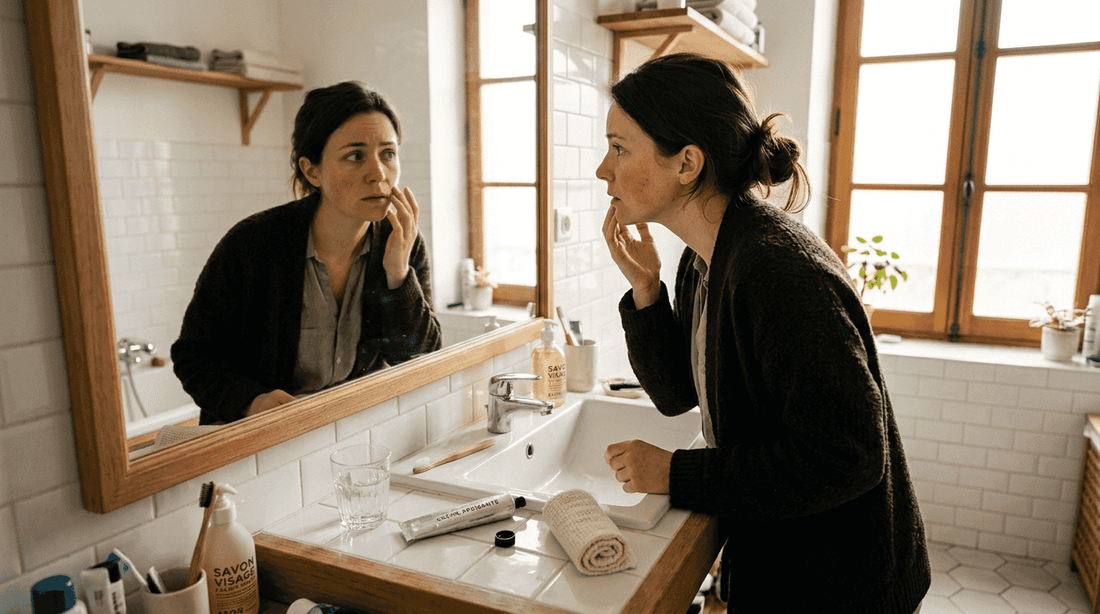 Une femme examine attentivement sa peau sensible devant le miroir, scrutant chaque réaction.