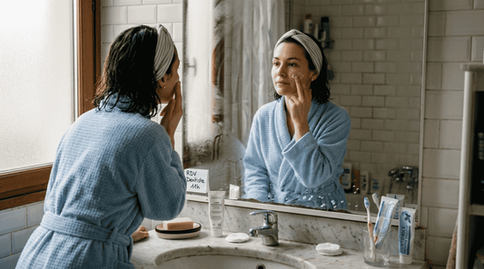 Une femme prend soin de sa peau en appliquant une crème hydratante apaisante dans sa salle de bain.